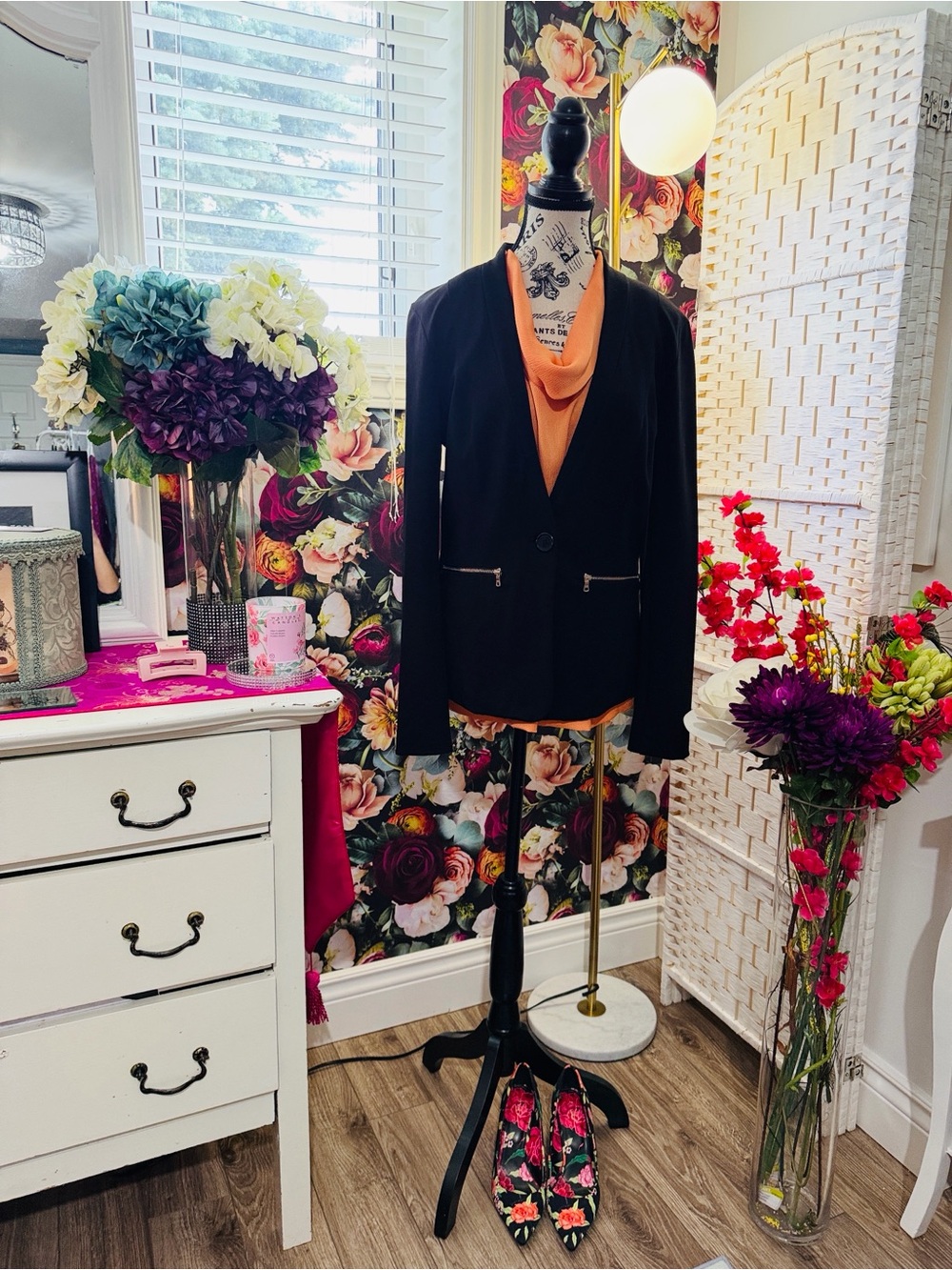 Armani Exchange Black Blazer with Orange Accent blouse.